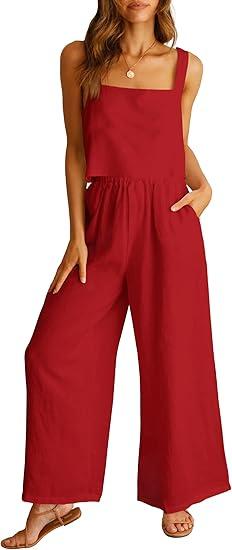 ANRABESS Women's Outfits Linen Pants Jumpsuit Matching Lounge Set Casual Summer Beach Vacation Trendy Clothes S