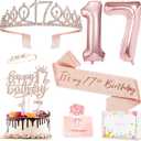 17th Birthday Decorations for Girls, 17th Birthday Sash and Crown, Cake Topper, Number Candles and Balloons, 17 Year Old Gifts for Girls