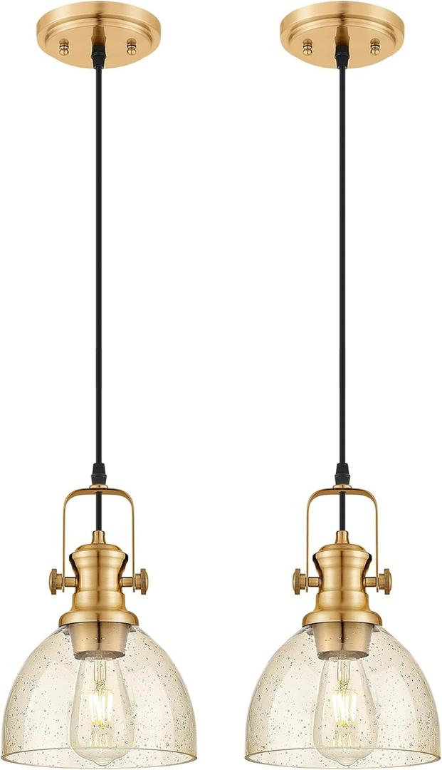2-Pack Pendant Lights Kitchen Island, 7.5" Farmhouse Pendant Lighting with Amber Seeded Glass Shade, Hanging Light Fixtures for Dining Room, Brushed Gold, AD-22151-1P2-GD-OR