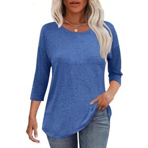Kancystore Womens 3/4 Length Sleeve Tops Casual Loose Fit Tunic Shirts Crewneck Basic Tees (Blue, L)
