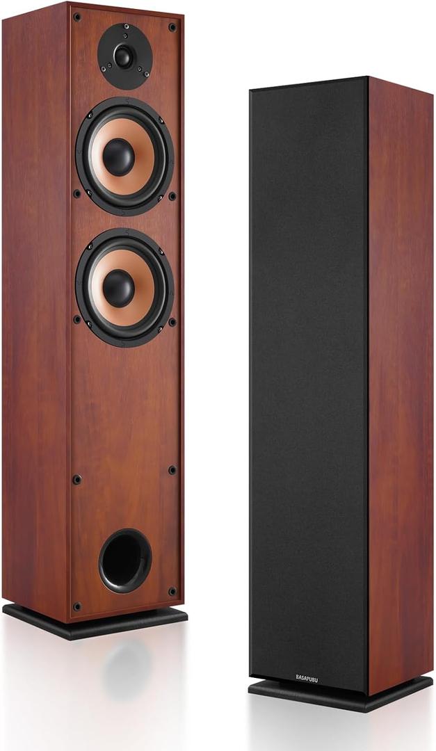 Floor Standing Tower Speakers Pair, Dual 6.5" Woofers, 150W, Brown
