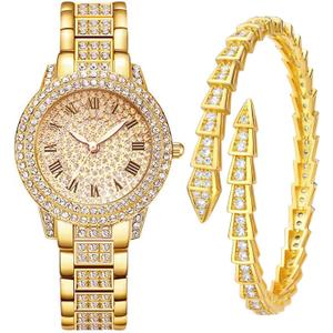 Watch for Women Interior Full Diamond Bling Rhinestone Iced Out Quartz Crystal Stainless Steel Ladies Wrist Watch (Aa. Gold)