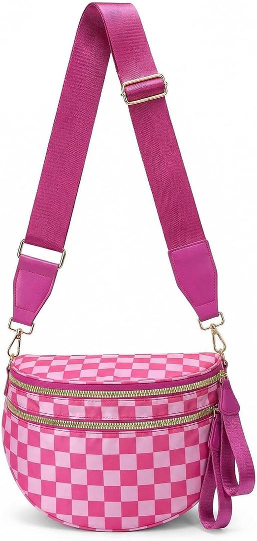 Checkered Crossbody Bag Nylon Bum Bags for Women Spacious Handbags Checkered Purse Fanny Packs with Shoulder Strap