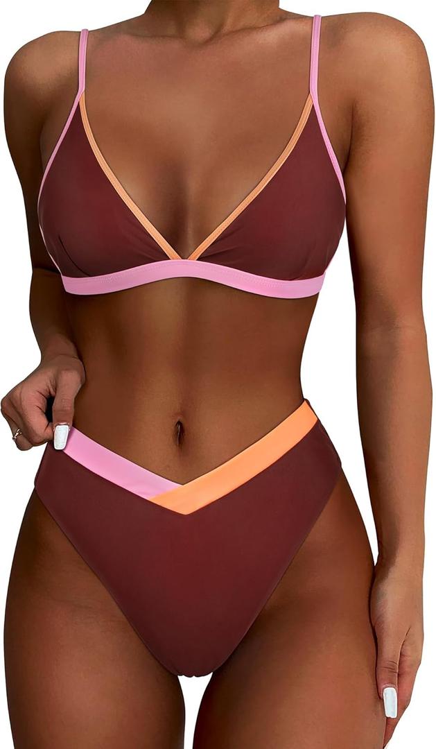 SUUKSESS Women Triangle High Cut Bikini Sets Sexy High Waisted 2 Piece Swimsuit (Large, 57 Brown Color Block)