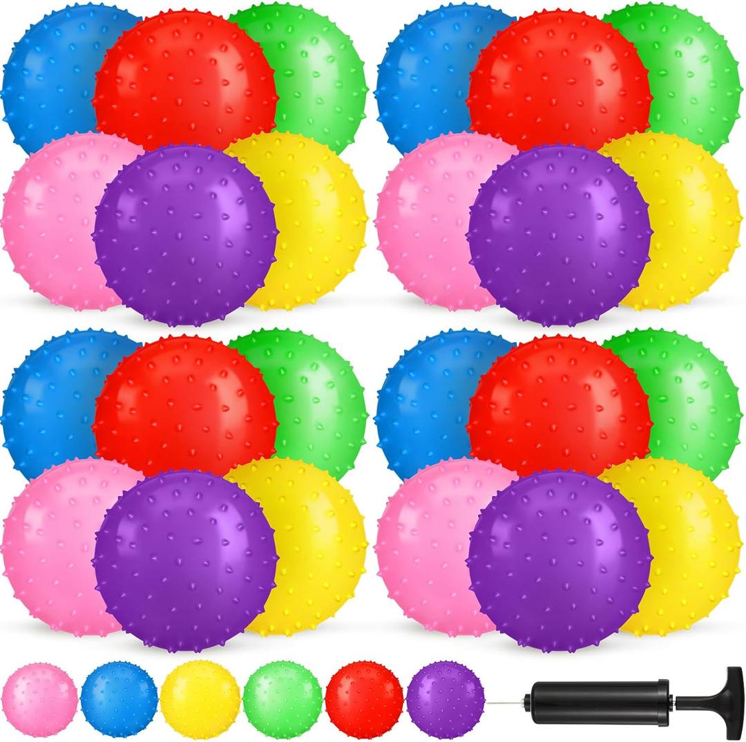 Vinsot 36 Pieces Knobby Balls 7 Inch Bouncy Spiky Sensory Ball Bulk Sensory Inflatable Toys with Air Pump Assorted Color Spiky Massage Stress Toys for Kindergarten Playground Backyard Pool Party
