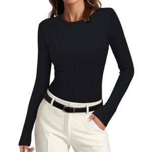 PRETTYGARDEN Crew Neck Long Sleeve Cute Going Out Tops for Women 2026 Casual Basic Slim Fit Womens Pullover Shirts (Black, S)