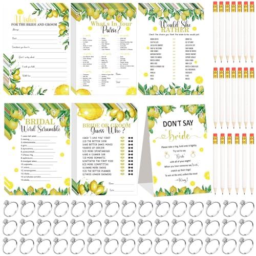 Estune 331 Pcs Bridal Shower Games Supplies, 5 Sets 250 Pcs Wedding Cards 1 Put a Ring on It Bridal Shower Games with 60 Rings and 20 Pencils(Lemon Style)