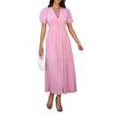 Women Summer Casual Midi Dress Puff Sleeve V Neck Ruched Button Front Split Boho Beach Vacation Wedding Dresses 2025 Pink, S