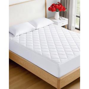 Quilted Fitted Mattress Pad Protector Full Size - Elastic Fitted Mattress Topper & Cover - Breathable, Soft, Low Profile Top Cover with 8-16 Inch Deep Pockets - Easy-Fit and Machine Washable - White