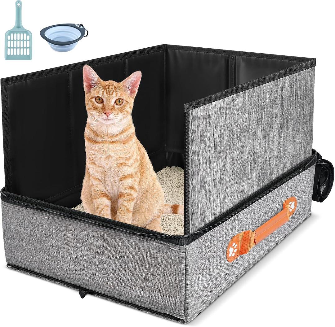 17.7''x 13.5''x 13.7" Travel Litter Box for Cats, Collapsible Cat Litter Box with Lid, Portable Cat Box with Zipper & Hard Bottom, Leak-Proof Kitty Litter Pan for Car Hotel Airplane, Water-Resistant