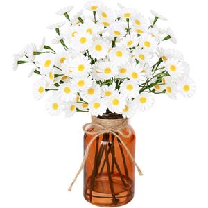 Muhanjia Artificial Daisy Flowers in Amber Glass Vase with Faux Water,9Pcs White Artificial Silk Flowers with Stems for Centerpiece (Daisy)