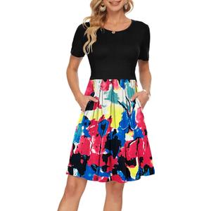 AUSELILY Women's Short Sleeve Summer Dress Pleated Loose Swing Knee Length Dresses with Pockets 2026 New (XL)