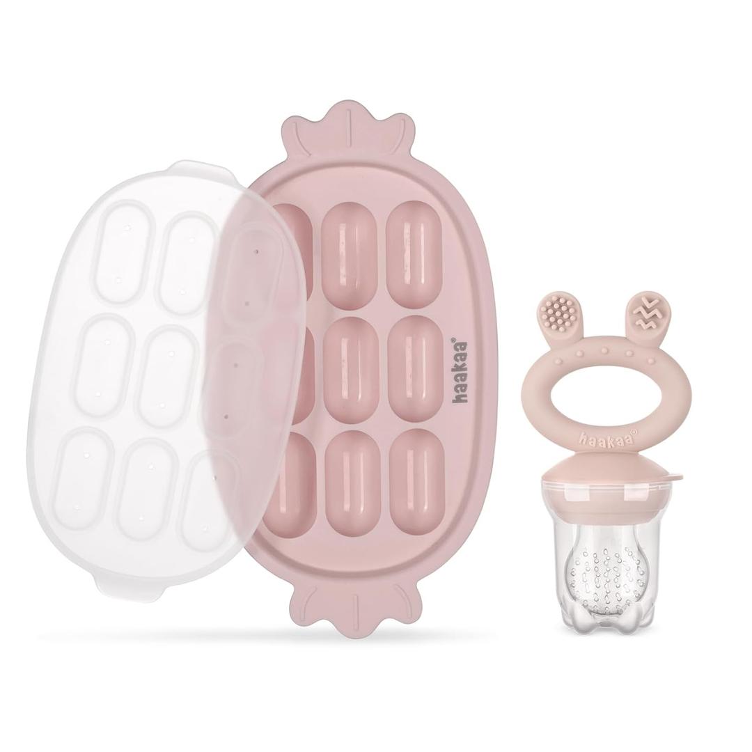 Haakaa Baby Fruit Food Feeder & Silicone Freezer Nibble Tray Combo - Breastmilk Popsicle Mold for Baby Cooling Relief, BPA Free Baby Mesh Food Feeder for Infant Self Feeding (Blush)