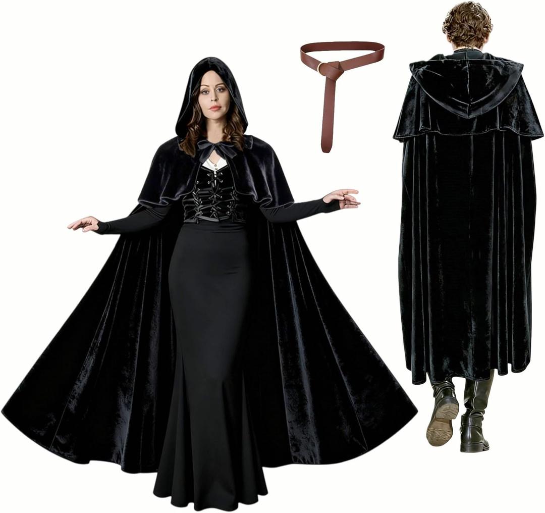 Niurui Renaissance Hooded Cape with Vintage Belt Medieval Cloak for Women and Men Hobbit Halloween Costume (Black, M)