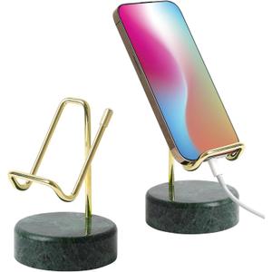 Marble Phone Stand with Metal Holder, Charging While Using, Swipe Up to Unlock, Made of Natural Marble as Business Card Holder for Office Desk (Emerald Green + Gold)