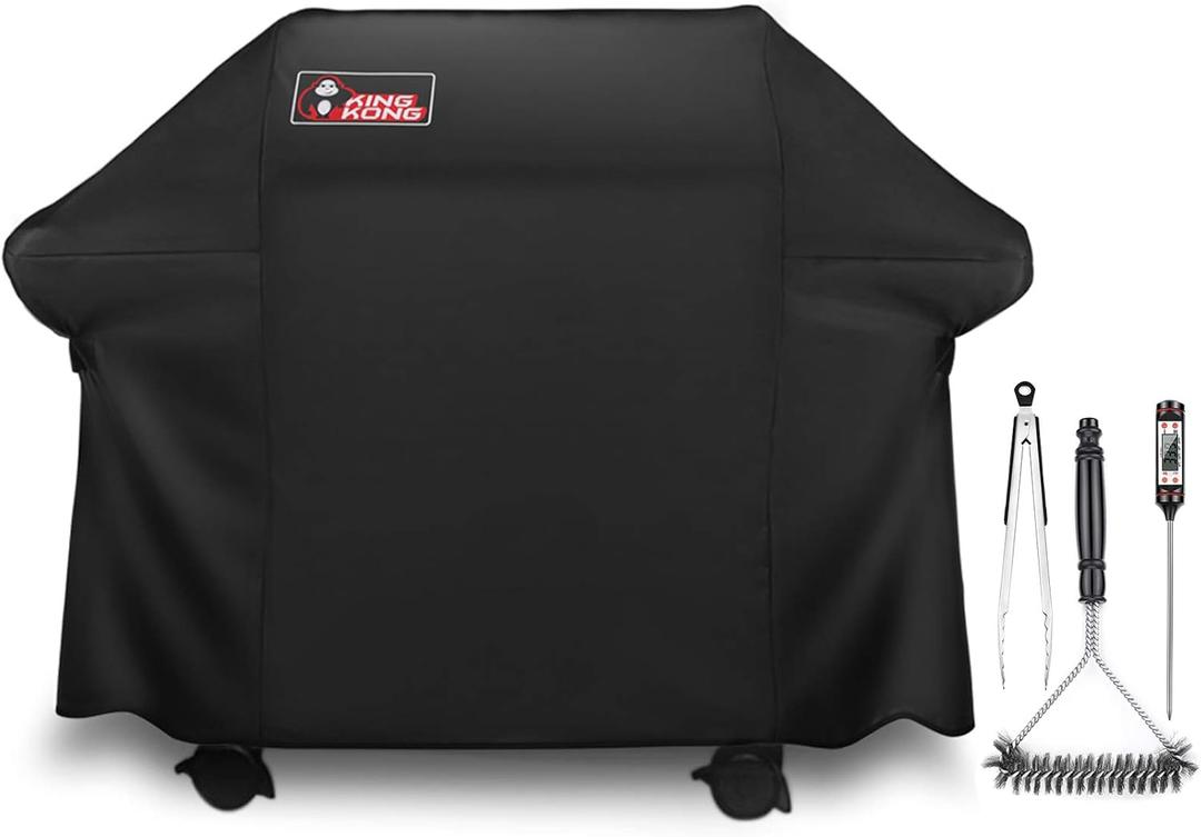 Kingkong Gas Grill Cover | Fits Weber Genesis E & S Series, Char-Broil 4 Burner | Includes Grill Brush, Tongs & Thermometer