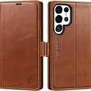 SHIELDON Case for Galaxy S25 Ultra 6.9" 2025, Genuine Leather Flip Wallet Book Case Magnetic RFID Blocking Credit Card Holder Kickstand Shockproof Cover Compatible with Galaxy S25 Ultra - Retro Brown