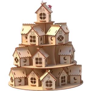 24 Day Advent Calendar Christmas Decoration Reusable Wooden Gift Supplies Ornament Wooden House, for Office New Year Party