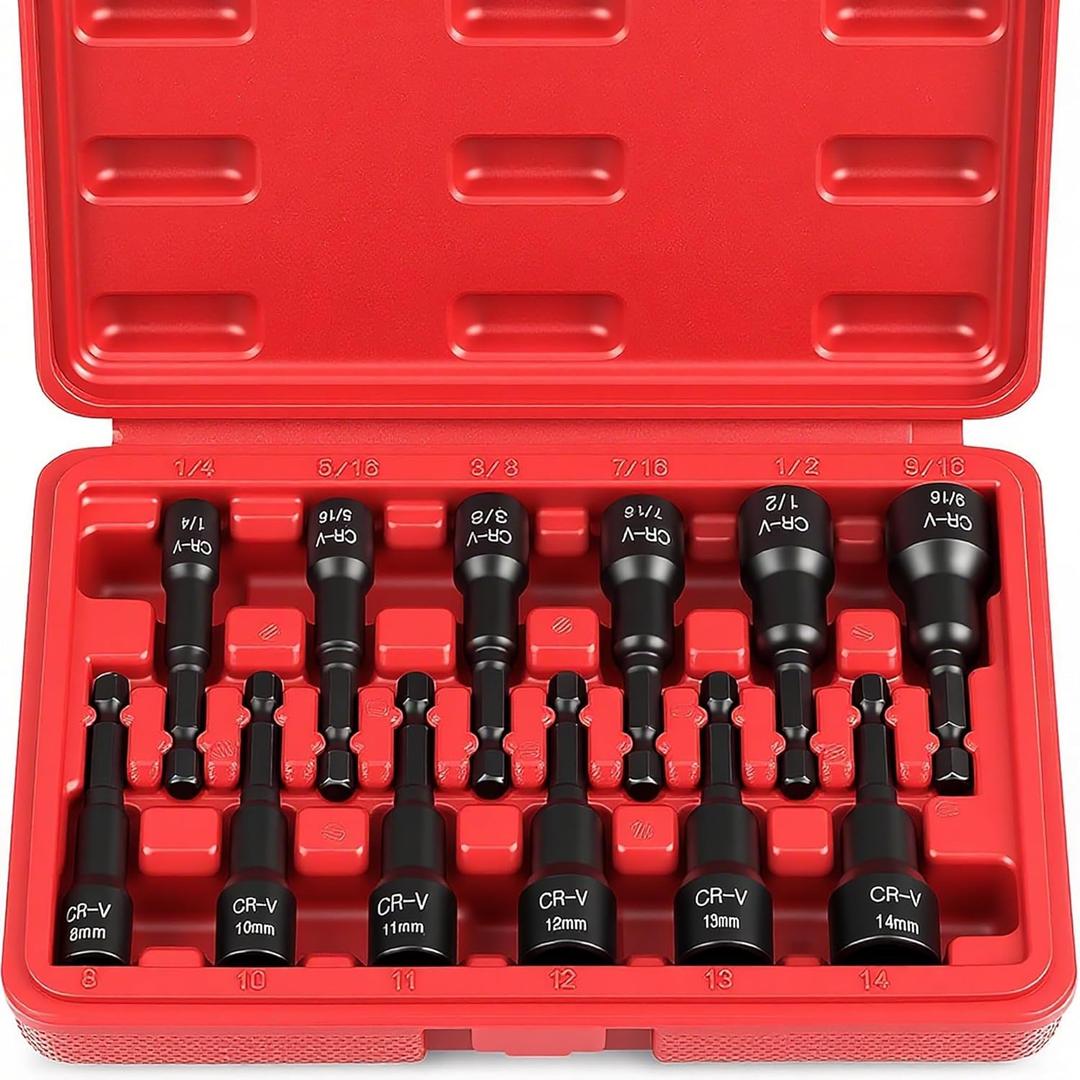 12-Piece Magnetic Nut Driver Set - Premium Impact Power Hex Nut Driver Drill Bit Master Kit, SAE & Metric, 1/4-Inch Quick-Change