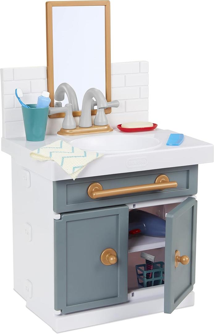 Little Tikes First Bathroom Sink with Real Working Faucet Pretend Play for Kids, 12 Bathroom Accessories, Interactive Unique Toy Multi-Color, Ages 2+ Grey