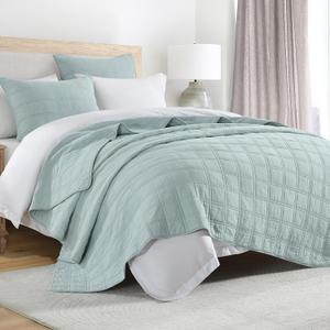HORIMOTE HOME 100% Cotton Quilt Set Queen Size, Paleturquoise Pre-Washed Bedspreads Coverlet Set in Geometric Pattern, Cozy Lightweight Stitching Decorative Bedding Cover with 2 Shams for All Season (Full/Queen)