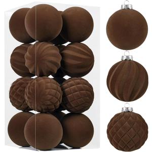 Wironlst Velvet Ornaments for Christmas Tree, 3 Style Flocked Matte Velvet Christmas Ball Ornaments, Shatterproof Decor for Xmas Tree Wedding Holiday Party Home (3.15" 16pcs Coffee)