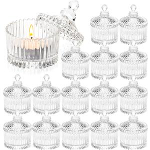 16 Piece Votive Candle Holders with Lids, Tealight Candle Holders in Bulk, Glass Small for Table Centerpiece, Wedding, Home Decor (2.68'' x 1.65'', Clear)