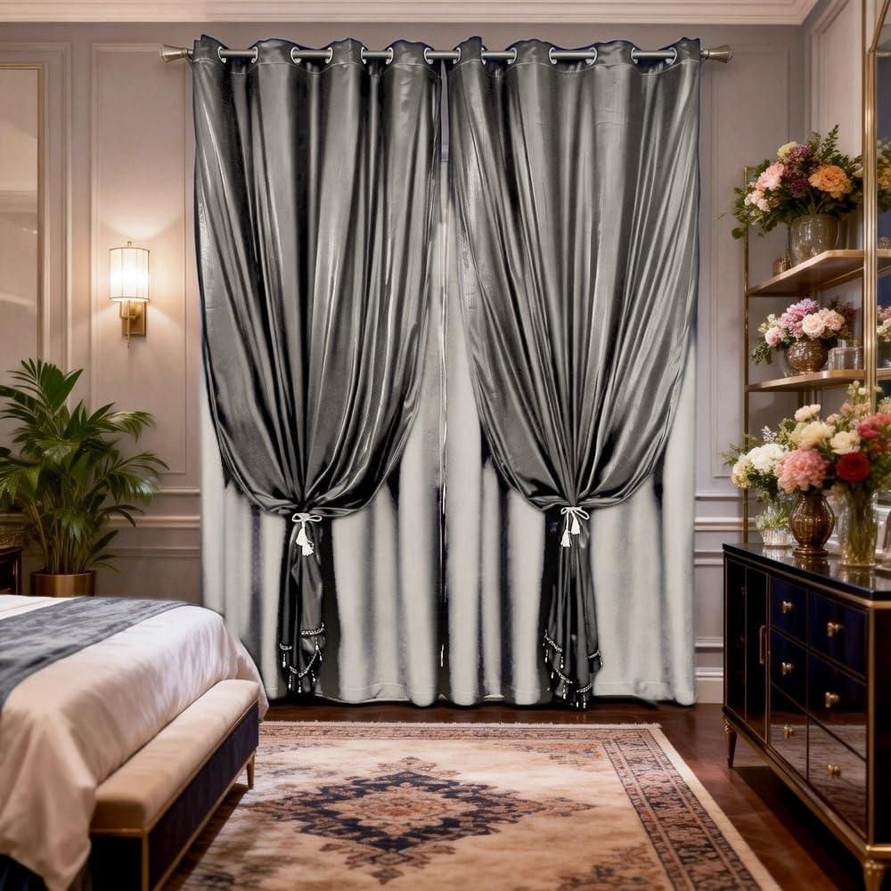 Amidoudou 1 Pair Double Layer Blackout Curtains for Bedroom Luxury Shiny Curtains for Living Room Shimmer Curtains (Grey,54x96 Inch)