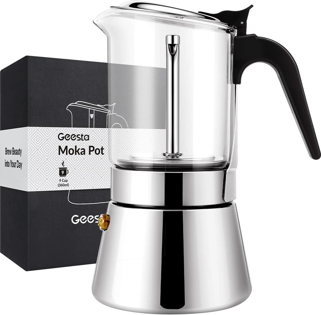 Geesta Premium Crystal GlassTop Stovetop Espresso Moka Pot  9 Cups Stainless Steel Coffee Maker 360ml/12.7oz/9 Cup (Espresso Cup=40ml)