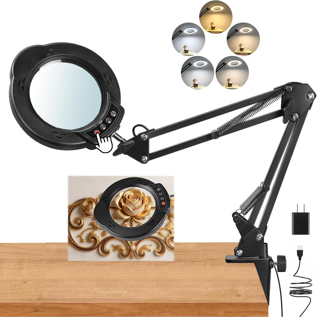 Upgrade 12X Magnifying Glass with Light and Stand, Real Glass Magnifying lamp, 5 Color Modes Stepless Dimmable,84LEDs Desk Lamp, Magnifier with Light Hands Free for Close Work, Reading Craft Repair (Black01)