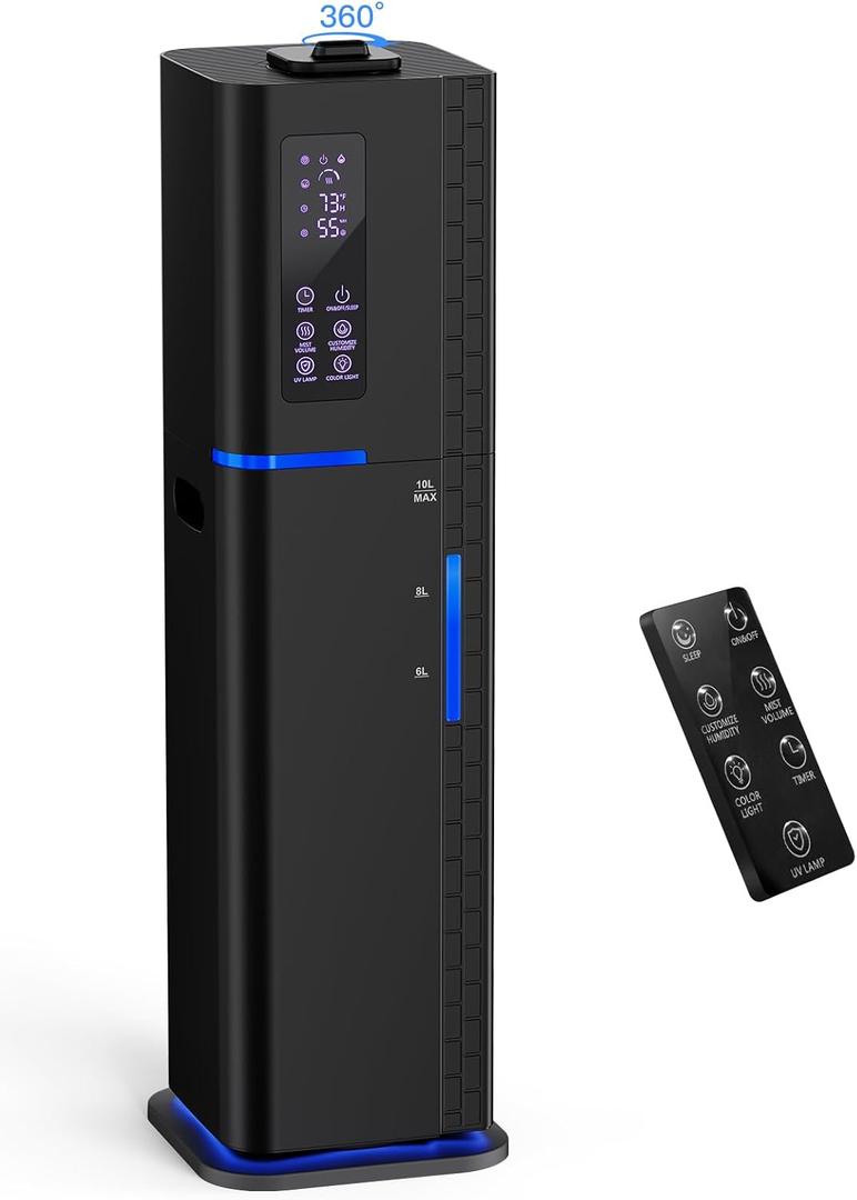 Zeova 10L/2.64Gal Humidifier, Top Fill Quiet Ultrasonic Cool Mist Humidifiers for Bedroom, Covers 550ft, 60H Runtime, 24H Timer, 3 Mist Modes Humidifier Large Room, Home, Office, Plants, Black