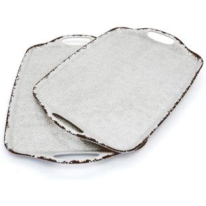TP Serving Trays with Handles, 17 x 12 Inch Melamine Serving Platters for Food, Meat, Set of 2 Rectangular Trays for Eating, Rustic White