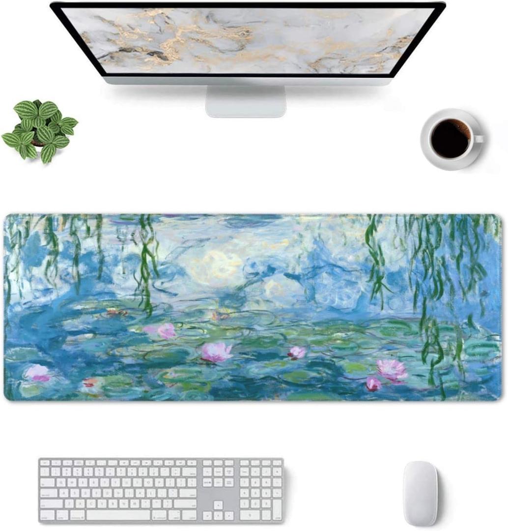 Mouse Pad Stitched Edge XL Large Mousepad 31.5" X 12" Rubber Base Non Slip Desk Mat for Laptop Pc Computer Gaming Monet Water Lilies