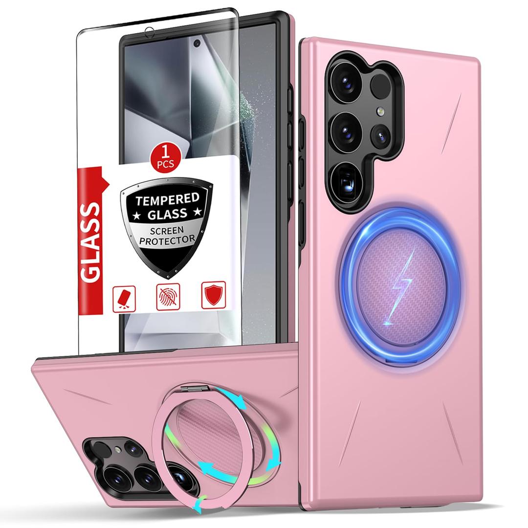 IYTRRYH for Samsung Galaxy S24 Ultra Case with 360Rotatable Invisible Magnetic Stand Ring[Compatible with MagSafe] [1*Screen Protector] for S24 Ultra Phone Case Military-Grade Shockproof Slim Pink