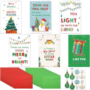 24Pcs Christmas Thank You Cards for Teachers Christmas Colorful Appreciation Cards with Envelopes and Stickers for Xmas Teacher Gifts, 6 designs