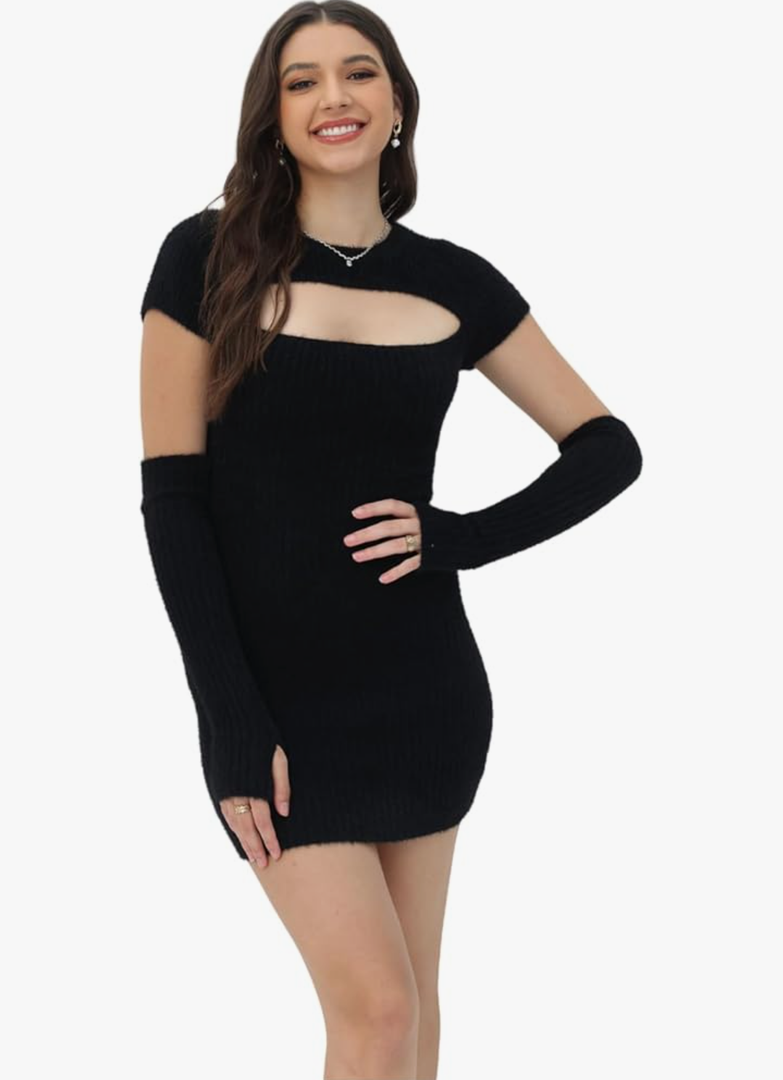 Short Sweater Dress for Women Cutout Sexy Bodycon Ribbed Knit Separate Sleeve 2025 Fall Winter Small