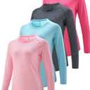 4-Pack: Womens Long Sleeve Athletic Tops with Thumb Holes  Dry Fit Active Crewneck Workout Tees (Large, Pastel Pink/Charcoal/Dawn Blue/Hot Pink)