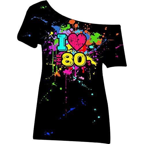 80s Outfit for Women Plus Size I Love The 80's Costumes 80s Off Shoulder T-Shirt Tops Neon Clothes Oversized (Black, Small)