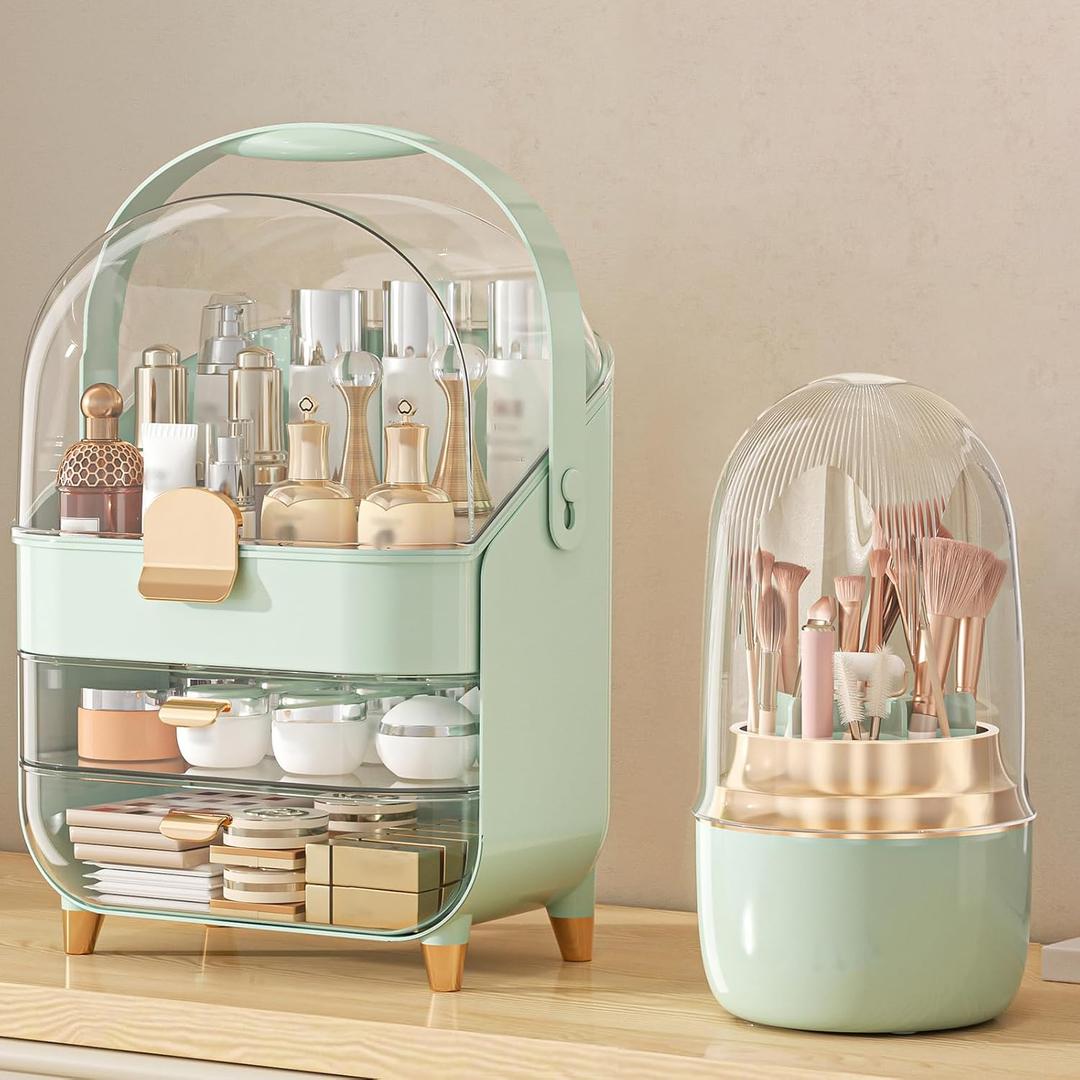 Makeup Organizer, Skincare Holder Bathroom Counter Organizer, Storage Box Cosmetic Display Cases, Teen Girl Gifts Trendy Stuff Make up Organizers for Vanity, Dresser, Countertop (Green)