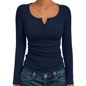 Trendy Queen Long Sleeve Shirts for Women Henley Ribbed Fall Tops Dressy Business Casual Teen Girl Winter Cute Basic Tees (Small, Navy Blue)