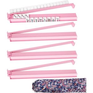 Mahjong Racks with Pushers Set of 4, All in One Acrylic Mahjong Pushers and Racks, Portable American Mahjong Accessories，Pink