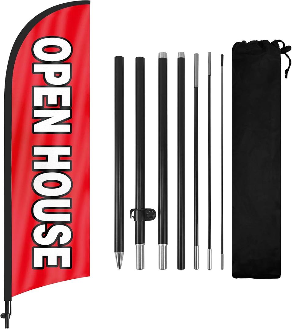 Open House Flags for Real Estate Agents With Pole Kit and Ground Stake 8Ft, Signs for Outside, Flag Sign Banner (Black/Red)