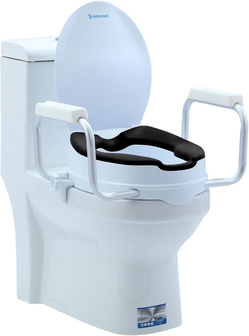 Toilet Seat Risers for Seniors, Adjustable Anti-Slip Handles & Thickened Cushion, Handicap Elevated Toilet Seat with Handles Over Toilet, Adjustable Height & Width, 300 lbs, Black
