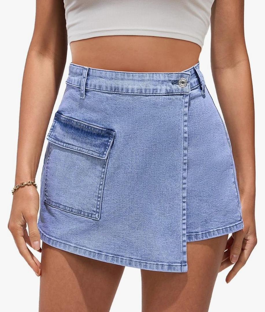 luvamia Denim Skorts for Woman Cargo Faux Wrap Jean Skort Skirts Stretchy High Waisted Skirt Shorts Country Concert Wear, M