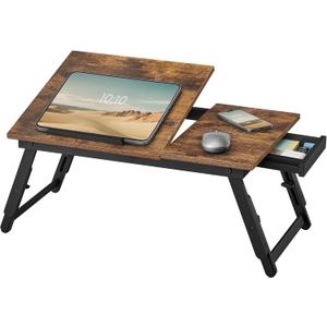 SONGMICS Bed Laptop Desk, Folding Bed Tray for Laptop up to 15.6 Inches, Adjustable Angle and Height, Portable for Working Reading Writing Breakfast, Bamboo Legs, Drawer, Rustic Brown ULLD105B01 (13.7"D x 21.8"WBamboo+MDF)