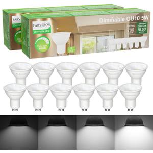 Dimmable GU10 LED Light Bulbs - 5W, Daylight White (5000K), 700 Lumens, Wide 110 Flood Beam, Great for Recessed and Track Lighting in Kitchens, Living Rooms, and Bedrooms, 12-Pack