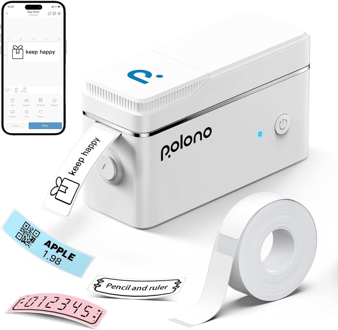 POLONO P31S Label Maker Machine with Tape, Portable Thermal Printer, Portable Bluetooth Label Printer for Organizing Storage Office Home, Sticker Maker Mini Label Maker with Multiple Templates, White