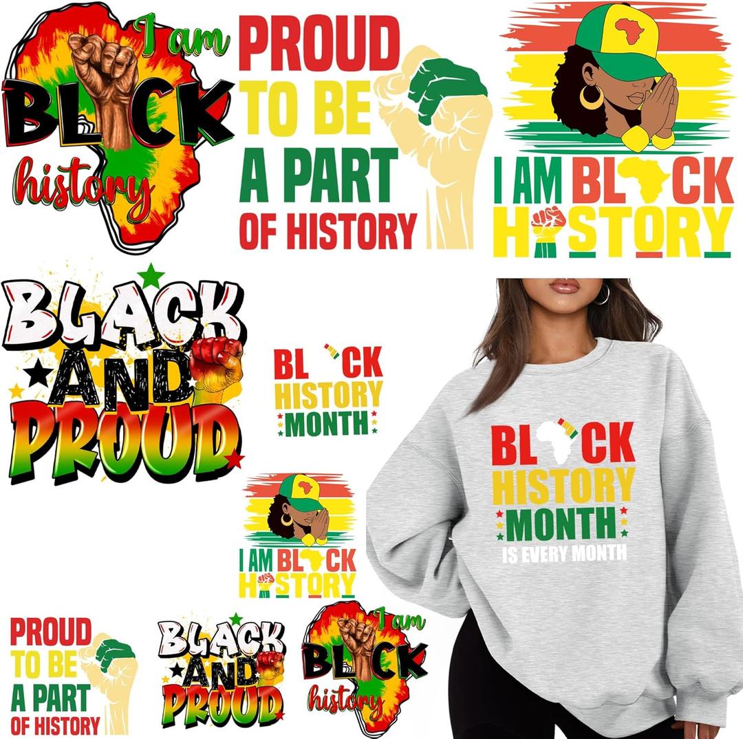 2 x 10 Sheets Black History Month Iron On Transfer Heat Press Decals Black and Proud Heat Transfers Patches for Clothing Hoodies Washable DIY Decoration Applique