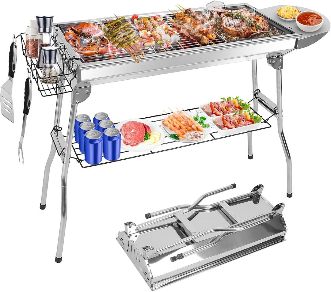 Portable Charcoal Grill, Large Stainless Steel Folding BBQ Grill with Storage Shelf, Foldable Barbecue Grill for Outdoor Cooking Camping Hiking Backyard Garden Picnic Parties Kabob (39x13.4x28 Inch)