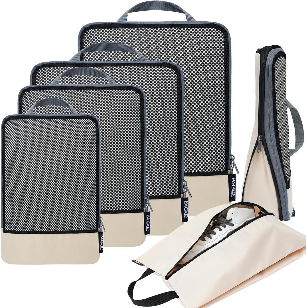 BAGAIL 4 Set/6 Set/8 Set Compression Packing Cubes Travel Accessories Expandable Packing Organizers(Beige HalfMesh 6 Set) (6-Beige)